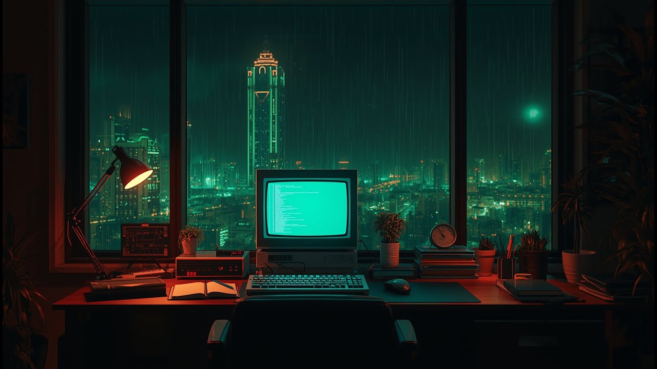 Midnight Neon Rain Desk ☔️ 3HR LoFi & Synthwave Mix — Night Coding Focus (Royalty Free)
