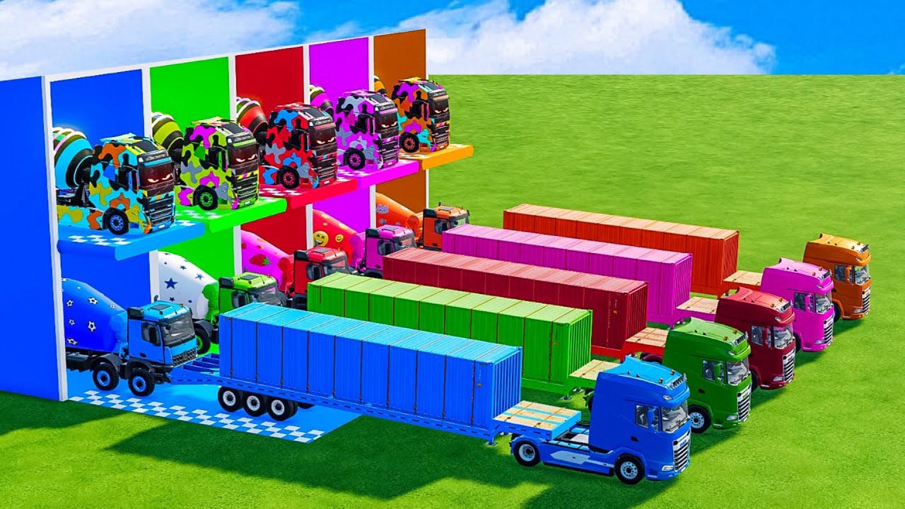 Colorful Garage FS22 - Mixer Truck With Flatbed Trailer, Mercedes-Bnez, Volvo, Comtainer Truck,