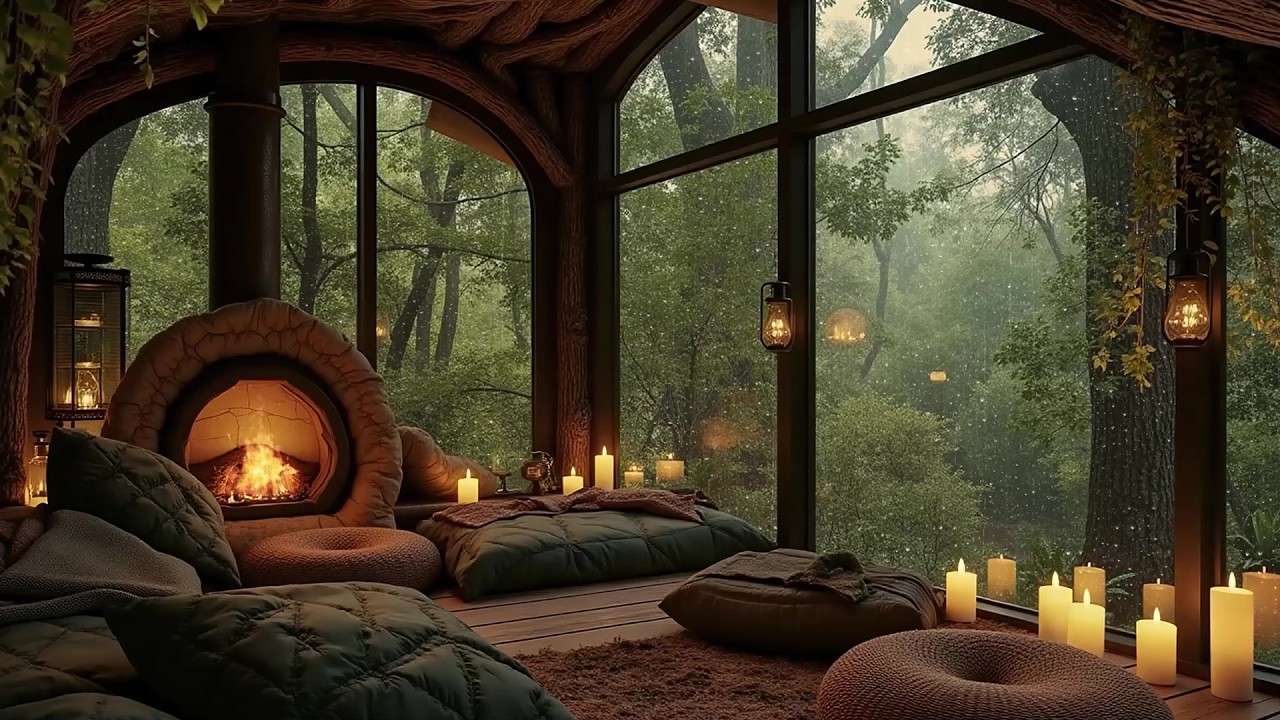 Cozy Forest Rain Ambience 🌲 Fireplace Glow & Gentle Rainfall for Deep Relaxation