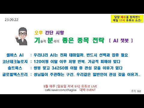 [오후시황 및 종목전략] 셀바스AI 코난테크놀로지 솔트룩스 글로벌텍스프리 AI <strong>챗봇</strong> 주가 매매 전략 230922