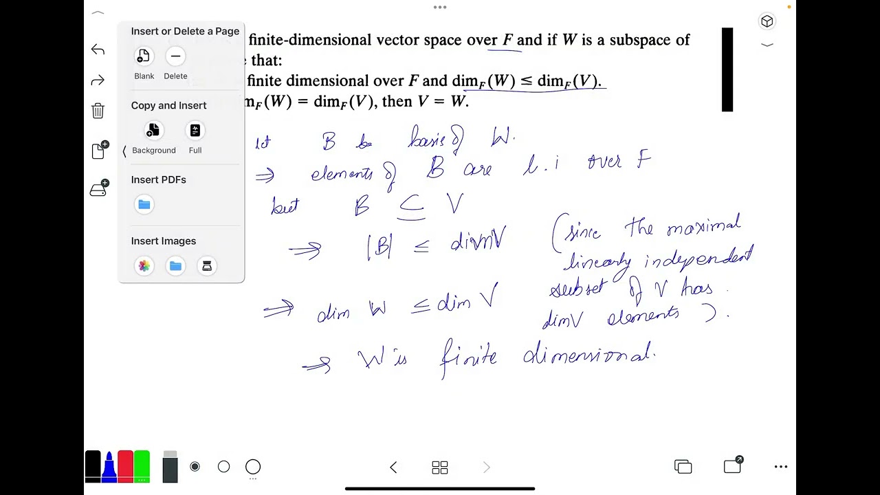 Dimension of subspace is less than the dimension of the space. 
