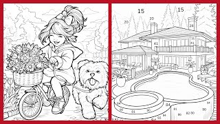 Color By Number Girl and Puppy Riding Bike Mansion Pool Zen Color  app #coloringbook screenshot 3