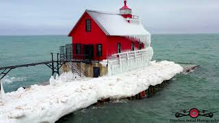 Frozen Views Of Grand Haven South Pierhead Lighthouse Stunning 4K Drone Footage 2021 Must See!