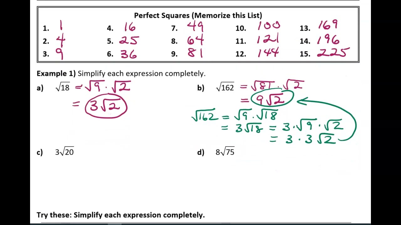 Review of Simplifying Radical Expression (Section I1)