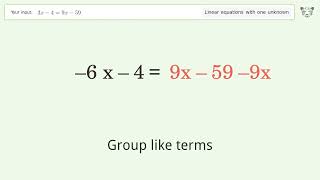 Linear equation with one unknown: Solve 3x-4=9x-59 step-by-step solution