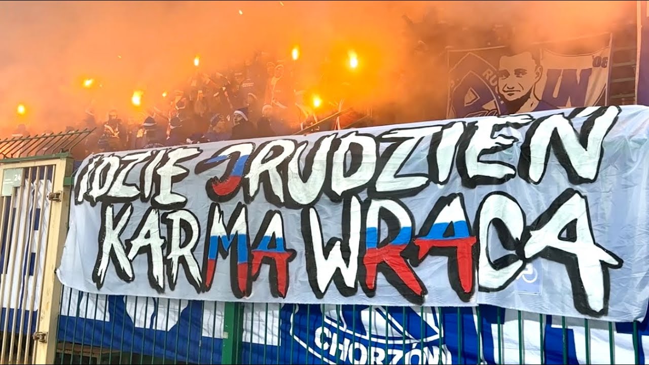 „karMA wRAca” - Ruch Chorzów w Łęcznej z pokazem pirotechnicznym (07.12.2025)