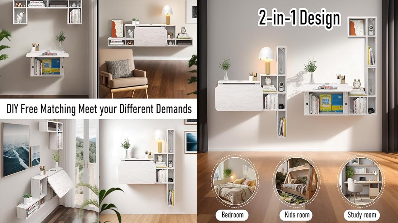 Pmnianhua Floating Desk with Moveable Cabinets,Wall Mounted Drop Leaf Table,Folding Wall Desk