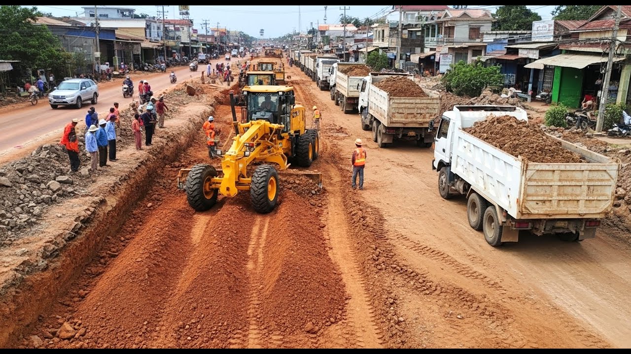 Next-Level! Grader and Trucks Leveling Red Soil for Road Base Construction Highway Expansion Work