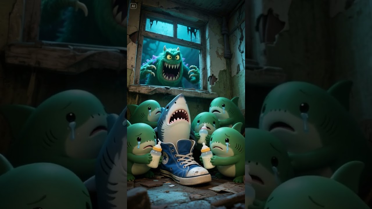 Green Baby Sharks Hiding from the Ghost During the Storm 🌊👻💔 