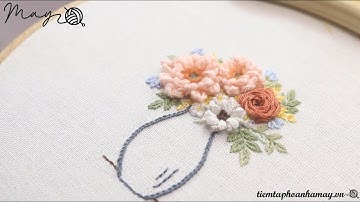 Hướng dẫn thêu lọ hoa với mũi Popcorn lazy daisy. Nguyên liệu thêu: tiemtaphoanhamay.vn