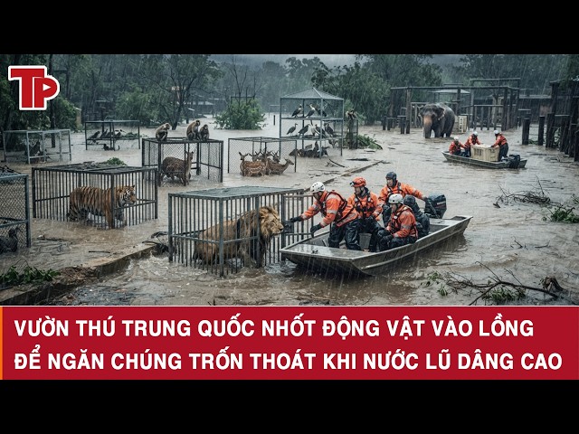 Vườn thú Trung Quốc nhốt động vật vào lồng để ngăn chúng trốn thoát khi nước lũ dâng cao