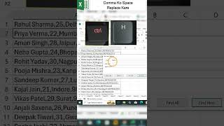 Excel sheet me comma ko replace kaise kare space ke sath