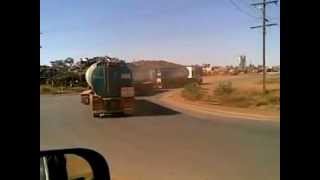 Ex Mitchell now toll, triple roadtrain fuel tanker turns down Pinga st, Port Hedland, WA