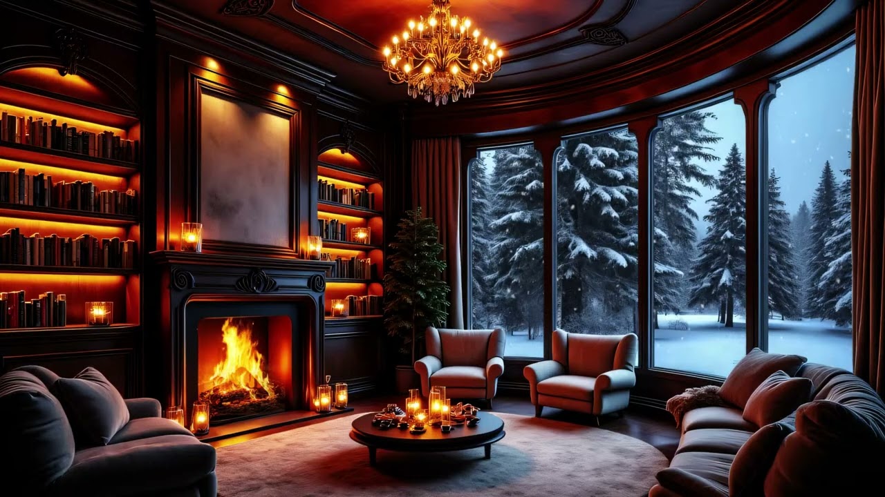 Winter Jazz Ambience | Luxury Living Room & Soft Snowfall