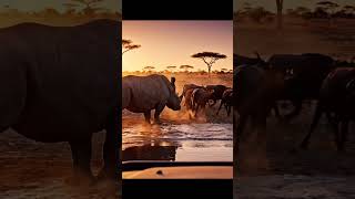 Rhino Protects Waterhole From Buffalo