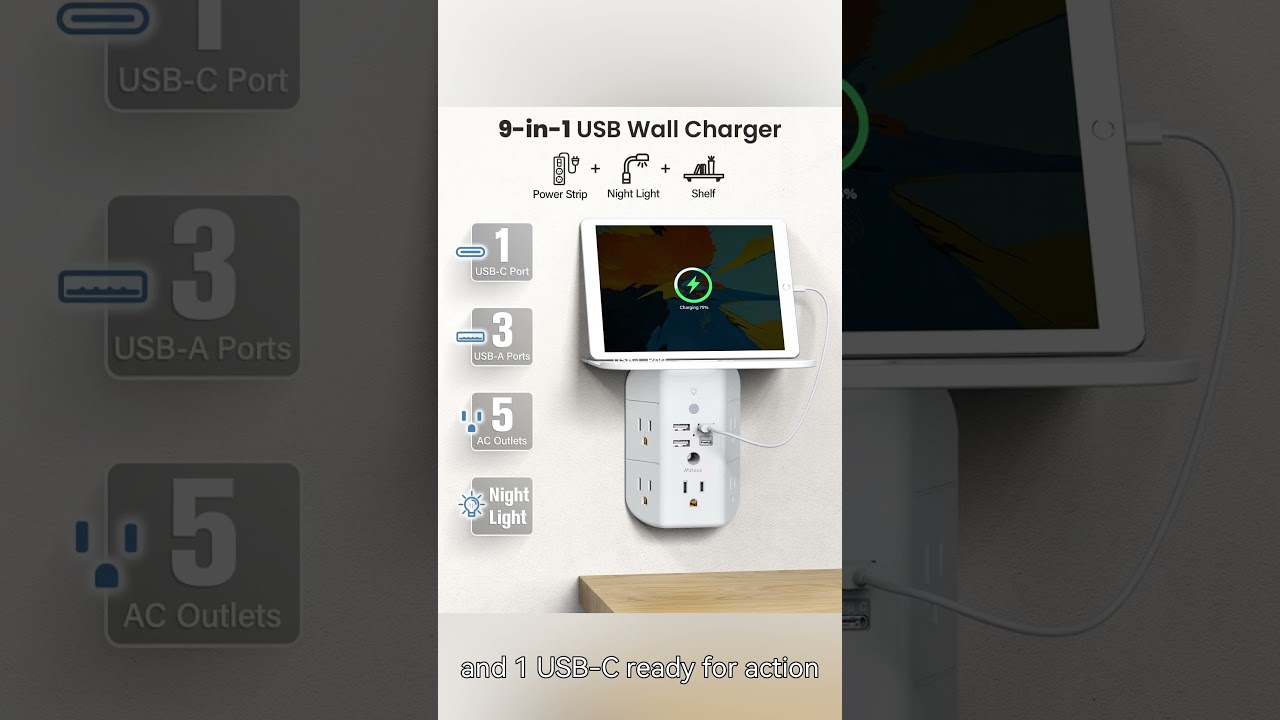 Wall Outlet Extender with Shelf, Night Light, Surge Protector, and USB Wall Charger 