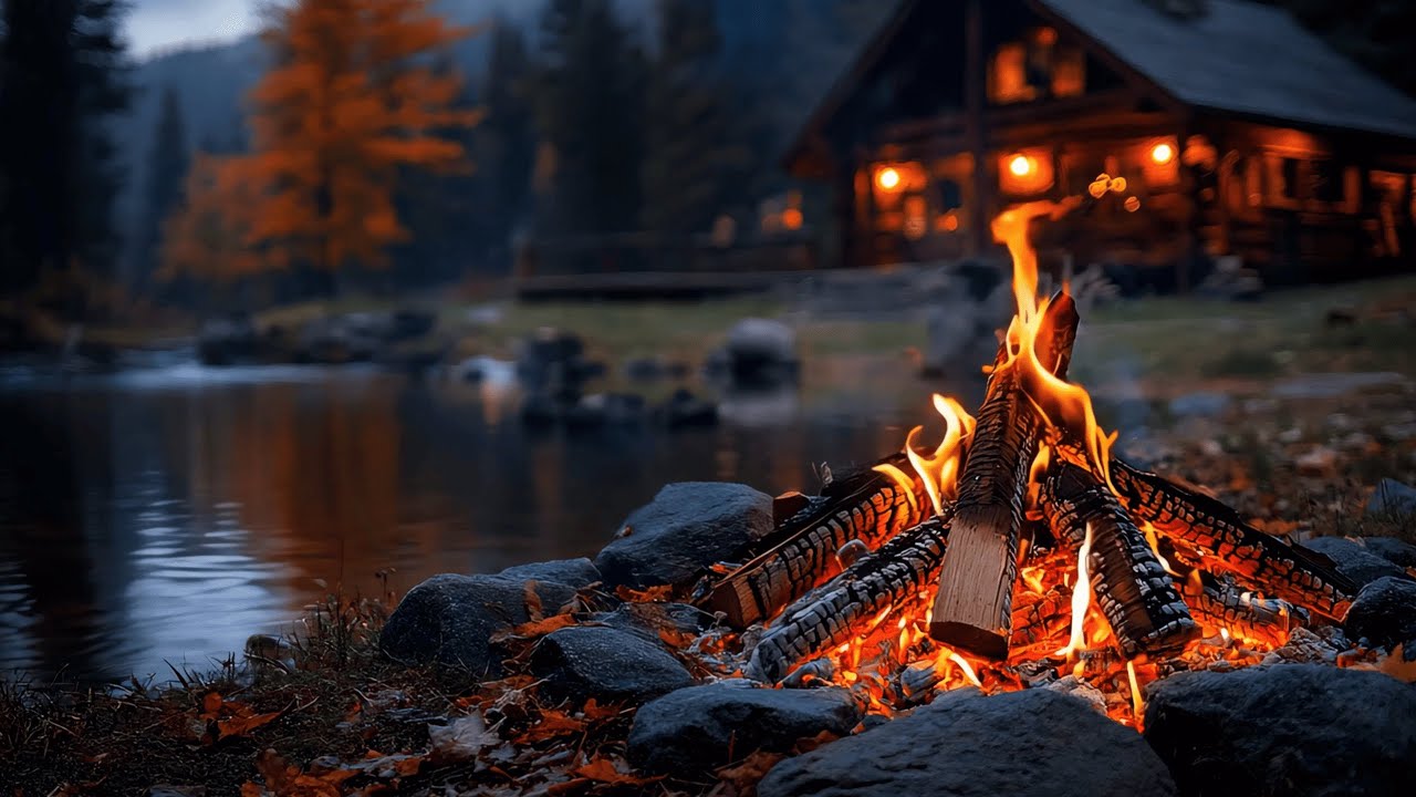 Crackling Fire in Autumn Forest by the River 🌲🍂 | Relaxing Nature Sounds 4K ASMR