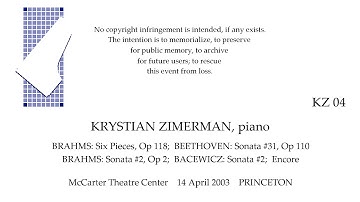 KRYSTIAN ZIMERMAN Recital  14 April 2003  PRINCETON