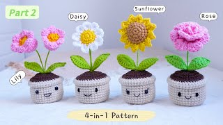 (PART 2)🌸Crochet Mini Flower Pot Tutorial | Sunflower, Daisy, Rose, Lily of the Valley ✨