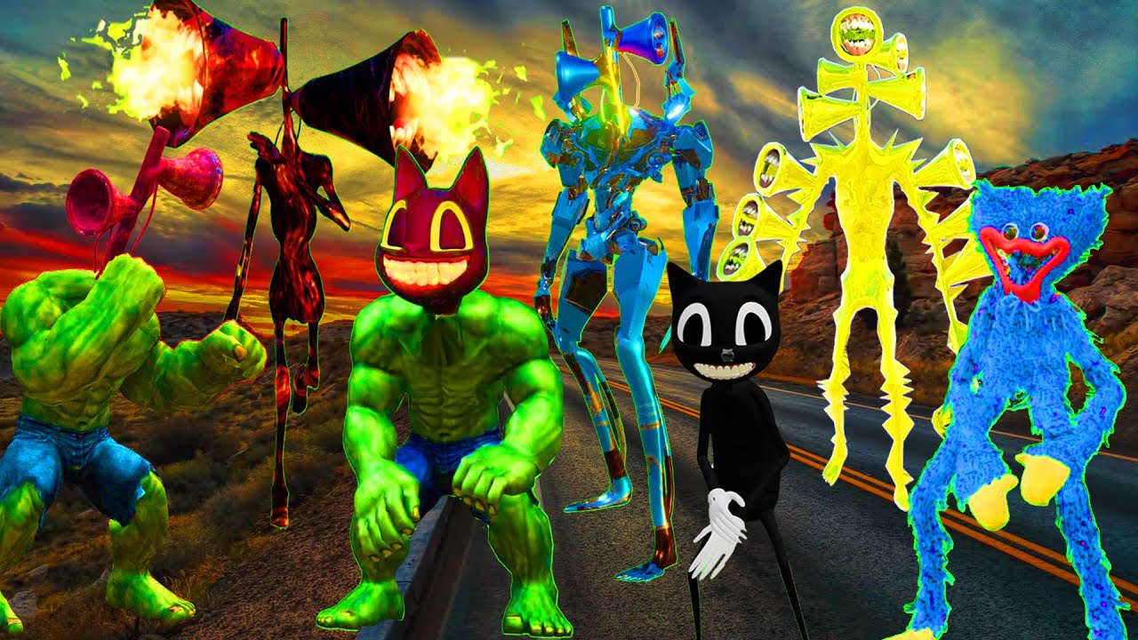 Team Cartoon Cat VS Siren head Pipe Head Huggy Wuggy Hulk Cat Siren ...