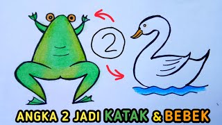 CARA MENGGAMBAR BEBEK DAN KATAK DARI ANGKA 2 || MEWARNAI BEBEK DAN KATAK