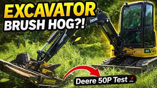 Excavator Mounted Brush Mower! Brand New John Deere 50P Excavator Mowing and Review 