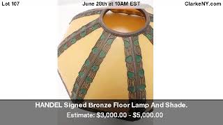 HANDEL Signed Bronze Floor Lamp And Shade.