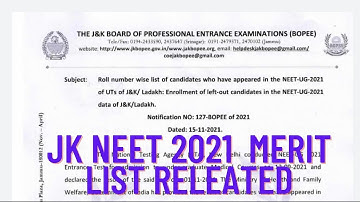 Neet 2021 official  Merit List released  | jkbopee ||cutoff | Roll no wise Merit list