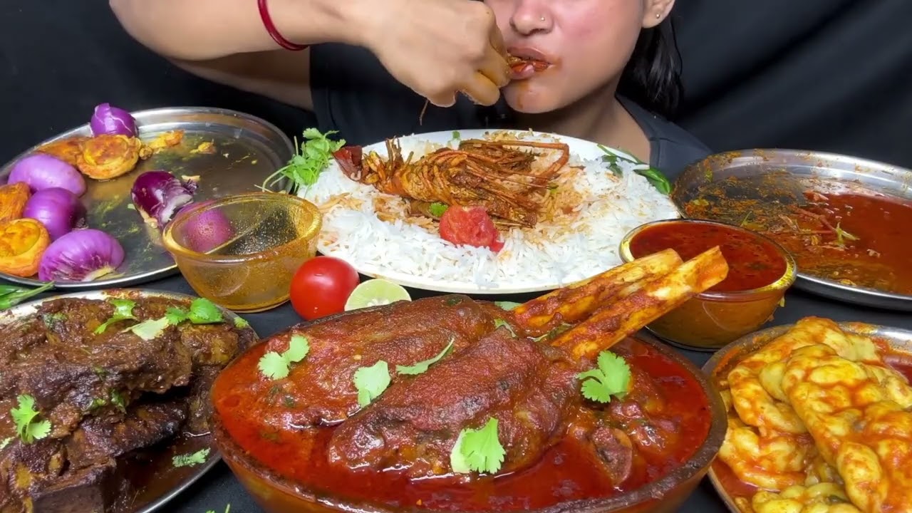 Mutton Jhol Mutton Fat Curry Liver Curry Prawn Curry Egg Fry Rice Eating mnasmreating ASMR 