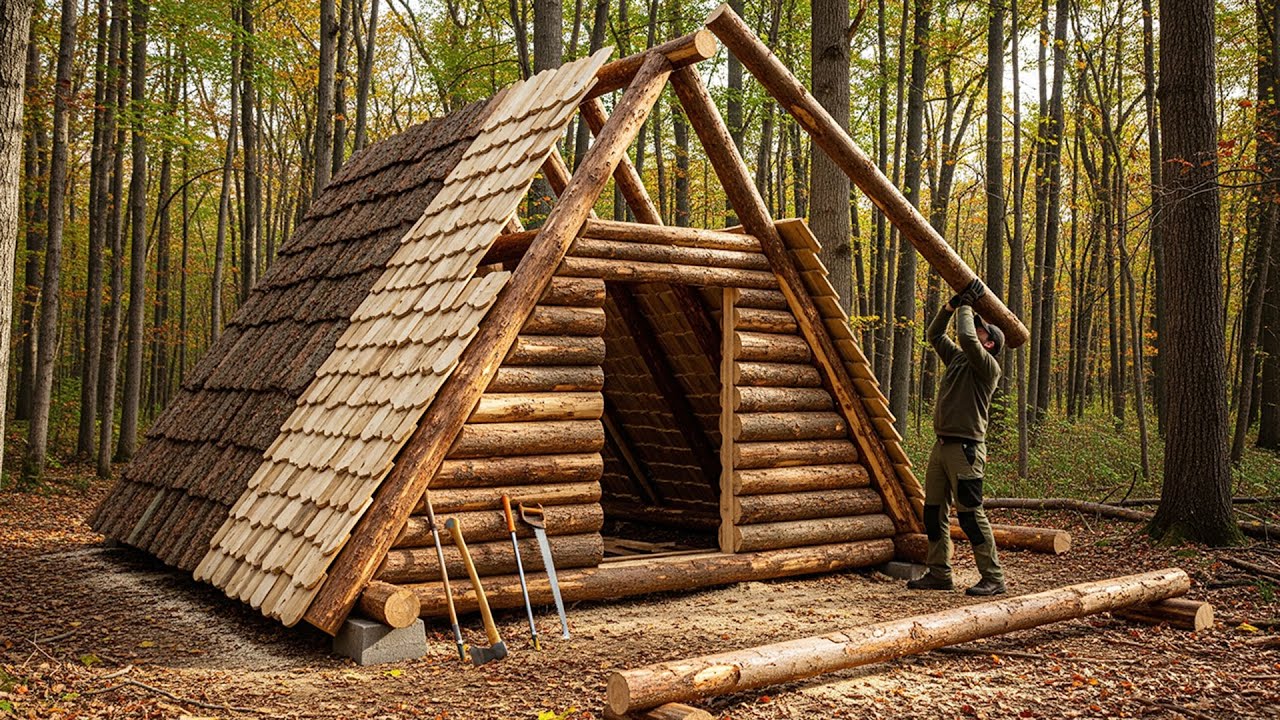 Building a Log Cabin Alone in the Forest – Bushcraft Survival Shelter ...