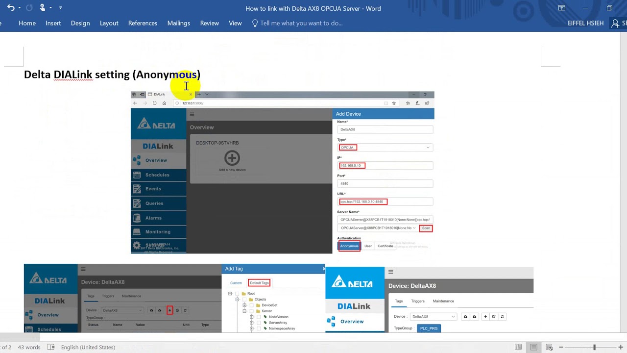 Delta AX-8 OPCUA Server link with Delta DIALink Client or 3rd party software