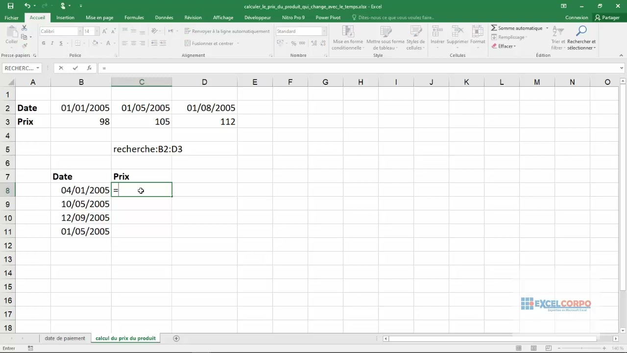 Comment calculer le prix d'un produit qui change avec le temps dans Excel 01