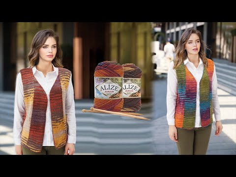 Alize Burcum Batik ile Dikey Patchwork Yelek • Patchwork Vest • Жилет Пэчворк