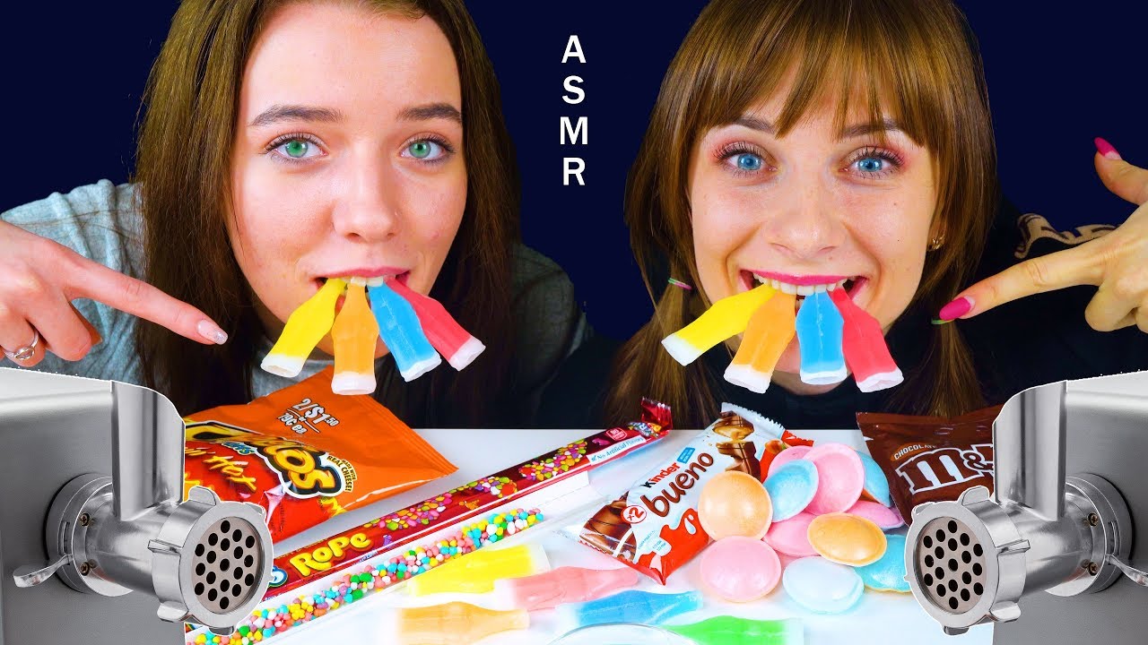 ASMR NERDS ROPE, HOT CHEETOS, UFO CANDY (REAL FOOD VS MEAT GRINDER ...