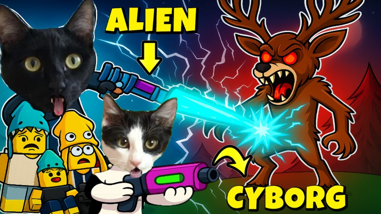 😱 GATOS CYBORG con PISTOLAS ALIEN vs CIERVO de 99 NOCHES en el BOSQUE de Roblox 🐱 Luna y Estrella