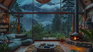 Large Glasses Window Overlooking Forest In RainRelaxing Fireplace Sound, Soft Rain & Thunder Sound
