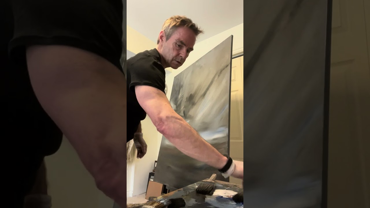 Semi-abstract, impressionistic, cloudscape acrylic painting demo. Large canvas.  Atmospheric, drama