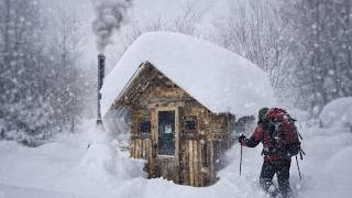 Hiding for 6 Days in a Severe Snowstorm - Wooden Cabin Snow Videos