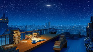 Midnight rooftop lofi 🌌 peaceful study beats with books, coffee & glowing skyline views