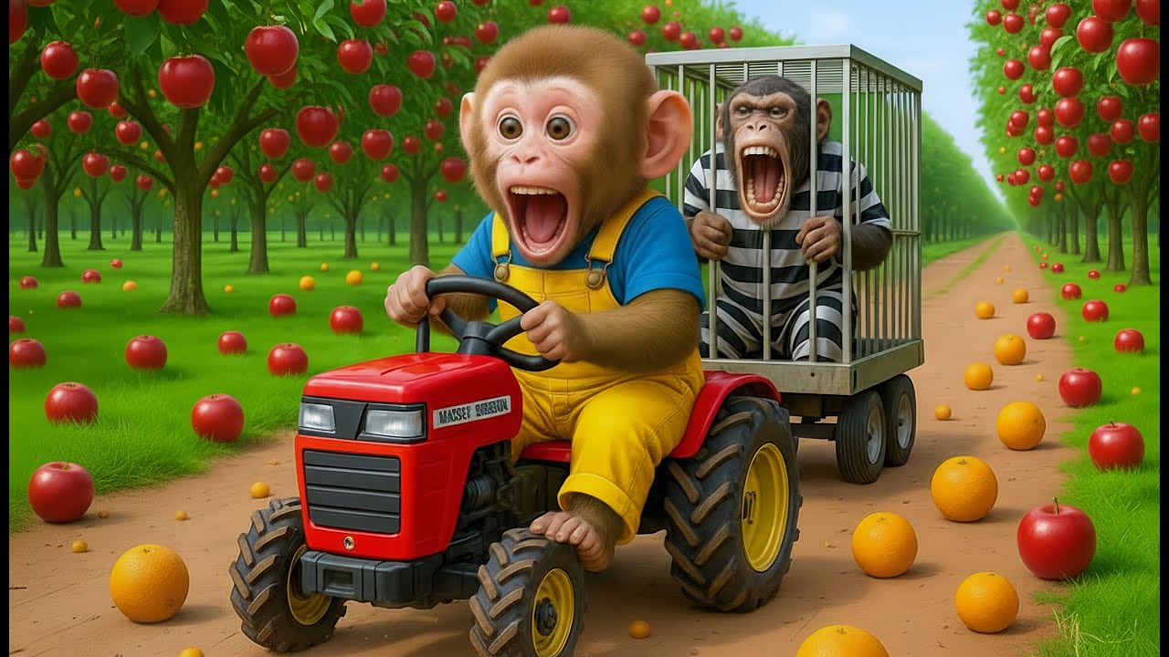 Monkey Eric Hilarious Farm Adventure! Watch Him Drive a Tractor & Chase a Sneaky Thief! 🚜😂🍊