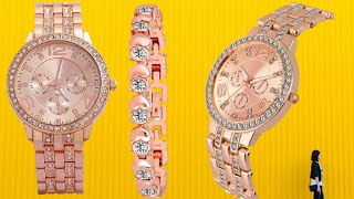 ZUPERIA Diamond Studded Stylish Analogue Watch with Rose Gold Dot Bracelet for Girls & Women