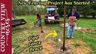 New Pasture Fence Installation has begun.  Welding Pipe Fence Brace & Setting Posts.