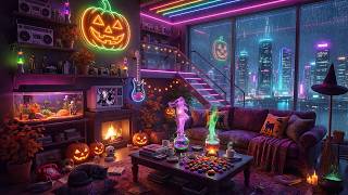 Cozy Night Halloween Lofi 🎃 Cozy Autumn Window with Warm Fireplace & Pumpkin-Lit for Unwind
