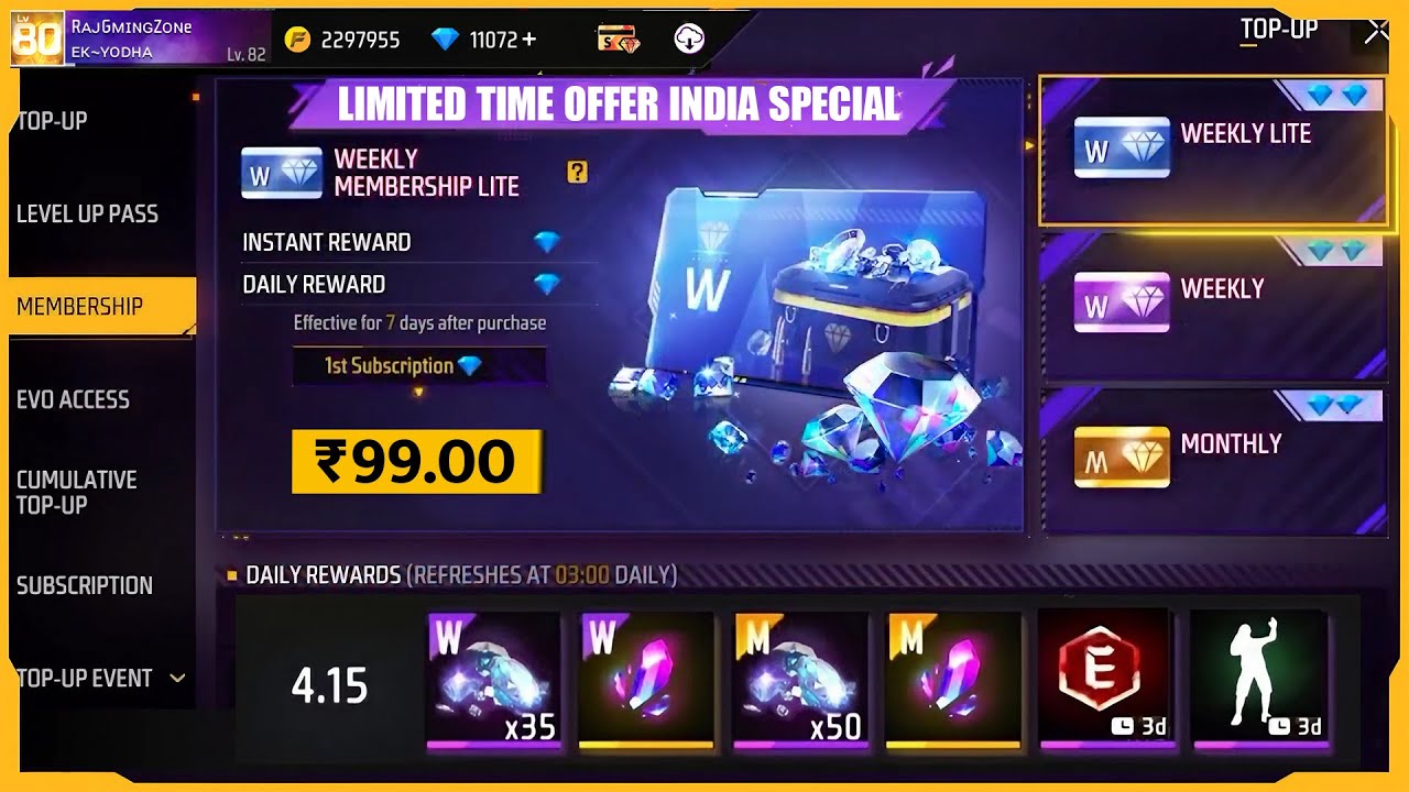 New Mini Weekly Membership Free Fire After OB44 Update | Weekly ...