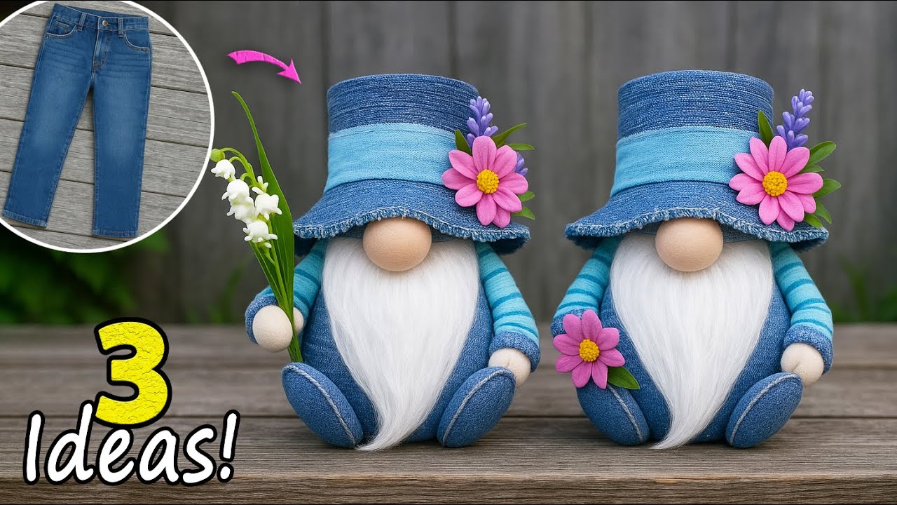 Не выбрасывайте старые джинсы!👖Сделайте 3 милых гномика без шитья✂️Легко и просто!🌺