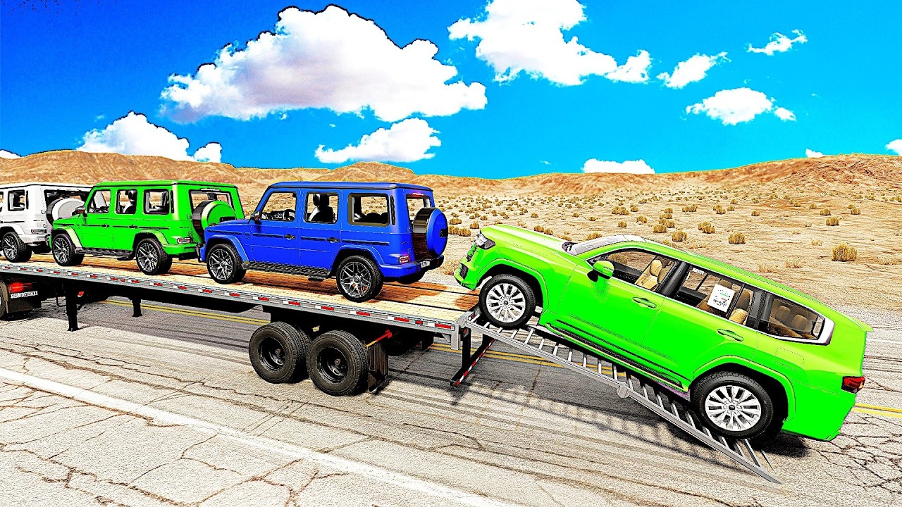 Four Trucks Transporting cars with Flatbed Trailers | Cars vs Speedbump vs Train vs Pothole #025