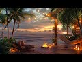 A beautiful golden sunset by cozy beach house  tropical beach waves  crackling fire sound relax