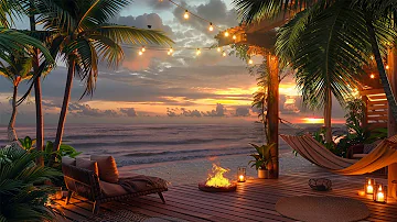 A Beautiful Golden Sunset By Cozy Beach House | Tropical Beach Waves & Crackling Fire Sound, Relax