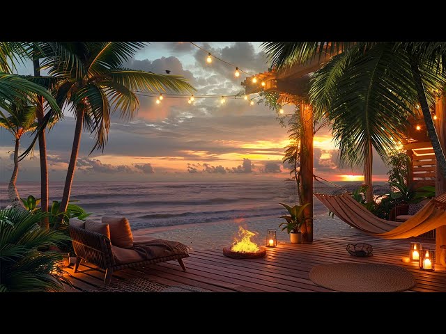 A Beautiful Golden Sunset By Cozy Beach House | Tropical Beach Waves & Crackling Fire Sound, Relax class=