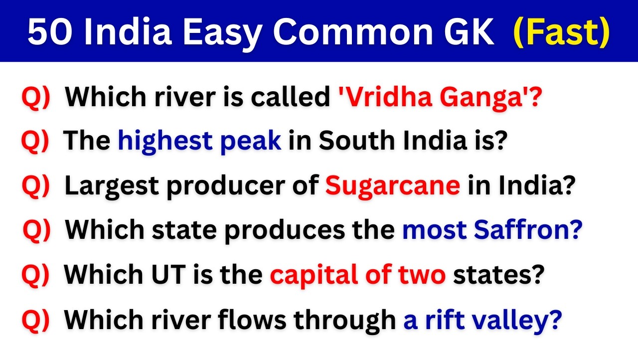 50 Easy India GK Questions and Answers | Indian Geography MCQs | Part 1